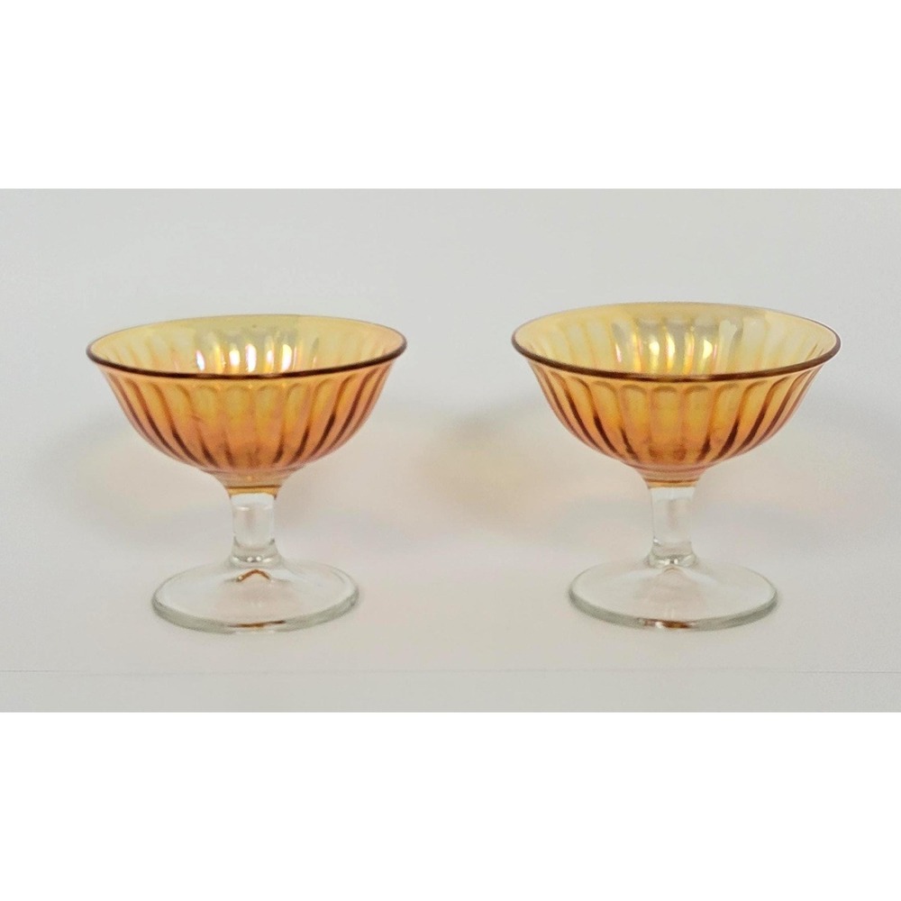 Vintage Iridescent Marigold Carnival Glass Pedestal Sherbert Dish Lot of 2